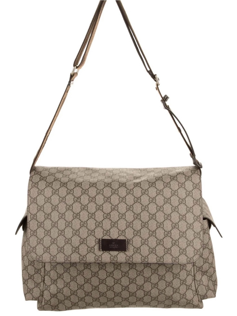 Authentic Gucci Beige Monogram Flap Shoulder Bag with Brown Leather Trim